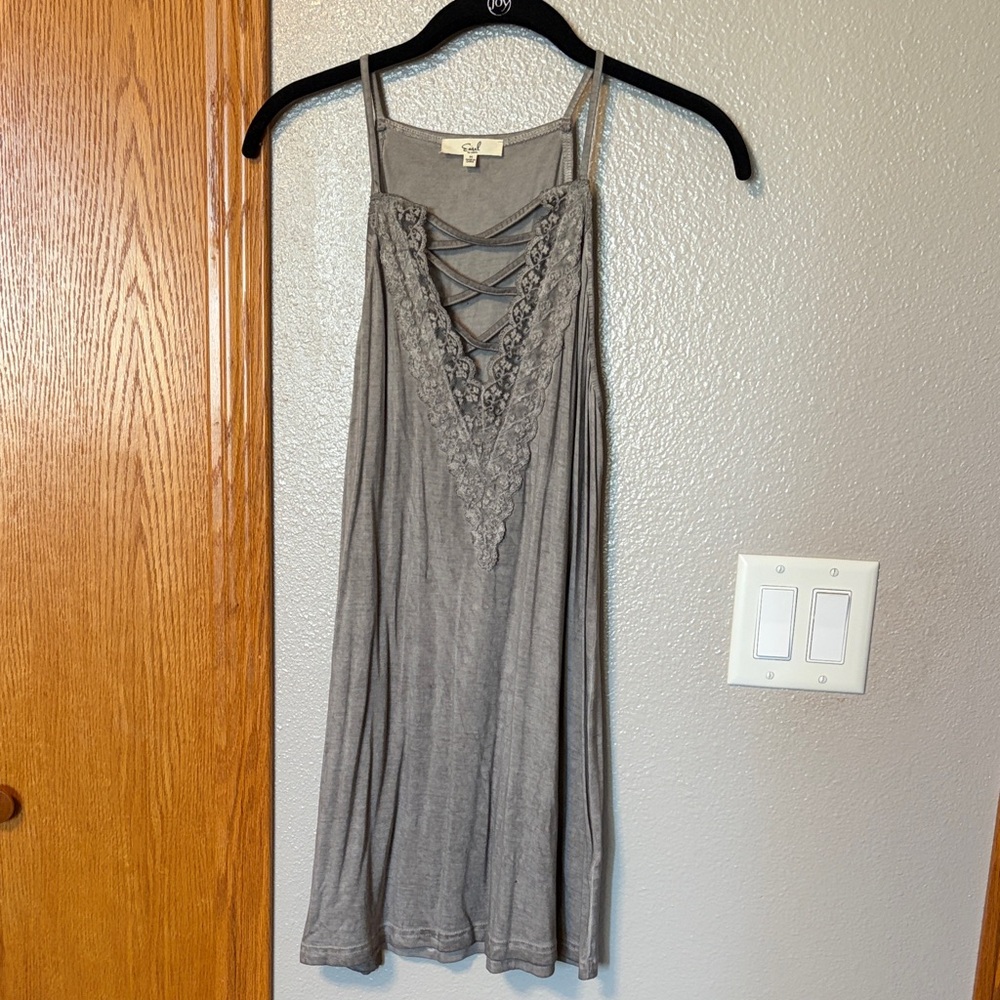 Lace-Trim Gray Slip Dress with Crisscross V-Neck